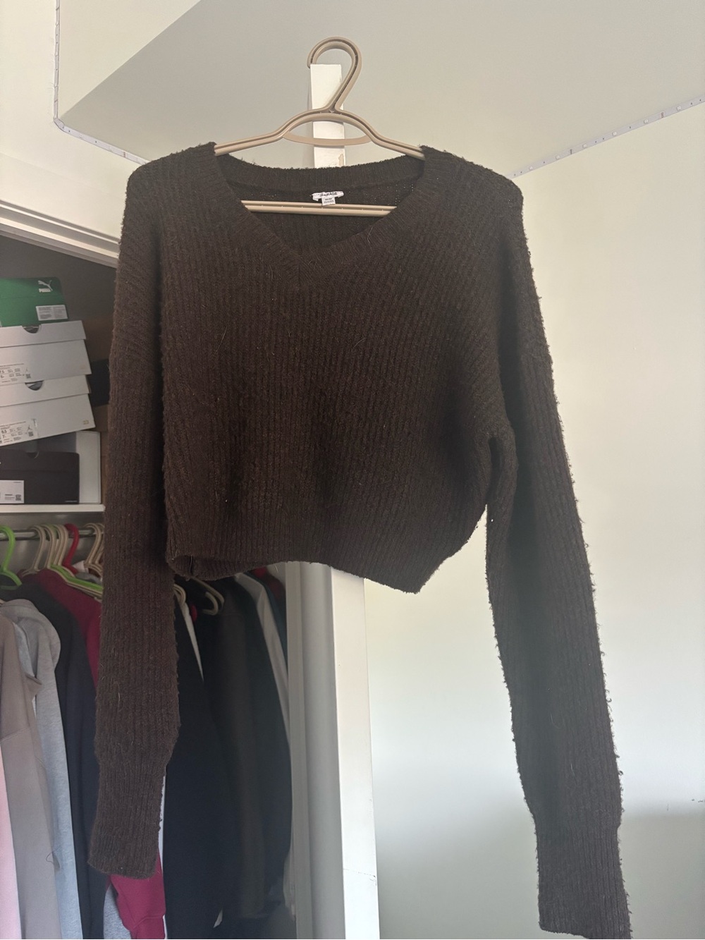Garage Dark Brown V-Neck Cropped Sweater
